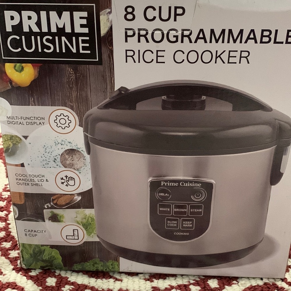 8 cups programmable rice cooker with steamer basket.